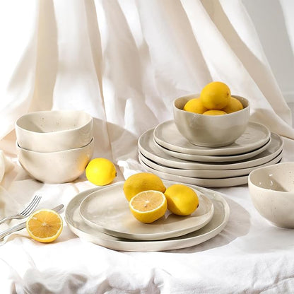 Stone Lain Mirella 4-Piece Dinner Plate Set Stoneware, Dishwasher and Microwave Safe, Beige