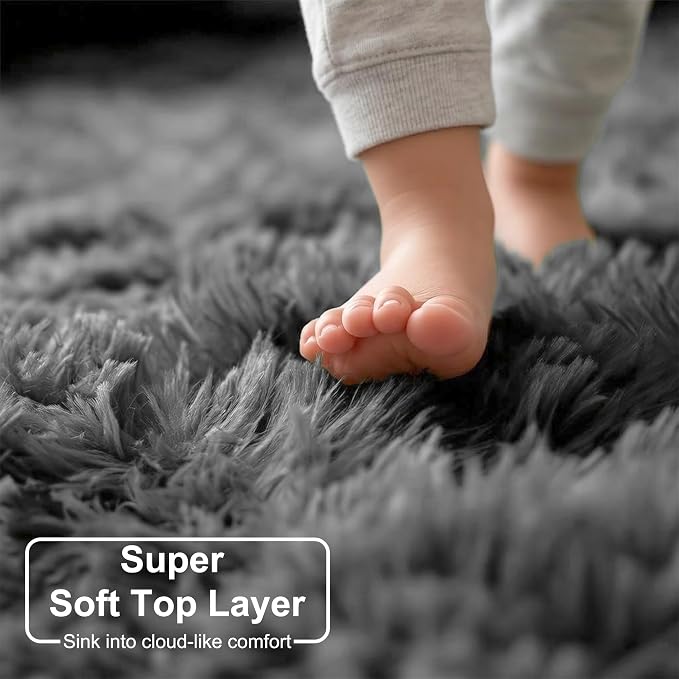 Amdrebio Grey Furry Big Round Area Rug 6Ft - Image 2