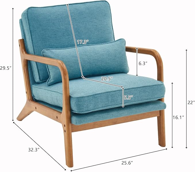 VINGLI Linen Teal Comfy Accent Chair, Mid Century Modern Lounge Armchair - Image 2