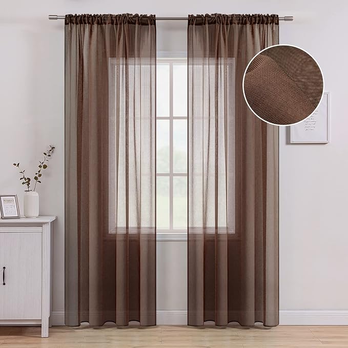 MIULEE Chocolate Brown Linen Textured Semi-Sheer Curtains 54W×72L 2 Panels | by MIULEE