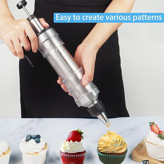 FANTEXY Dessert Decorating Syringe Set, Icing Piping Kit Stainless Steels Cake Decorating Tools 6 Piping Icing Nozzles Cupcake Decorating Kit