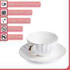 BTaT- White Tea Cups and Saucers Set of 6 (7 oz), Porcelain White Tea Cup Set with Golden Trim Design, Dishwasher Safe