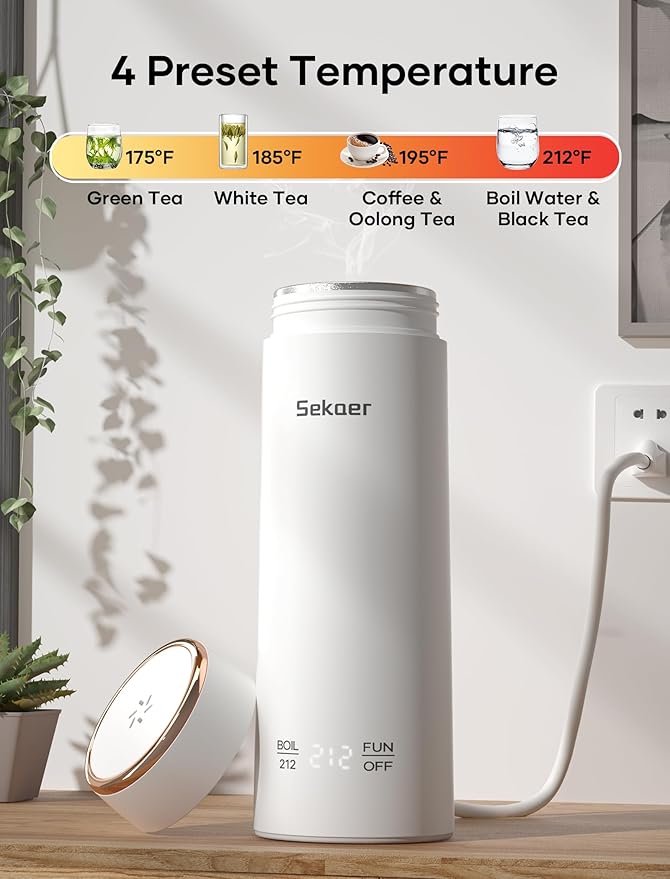 Sekaer Mini Travel Portable Electric Kettle, Small Tea Kettle Hot Water Boiler, 330mL & 304 Stainless Steel, with 4 Variable Presets and Auto Shut-Off, SEK-833