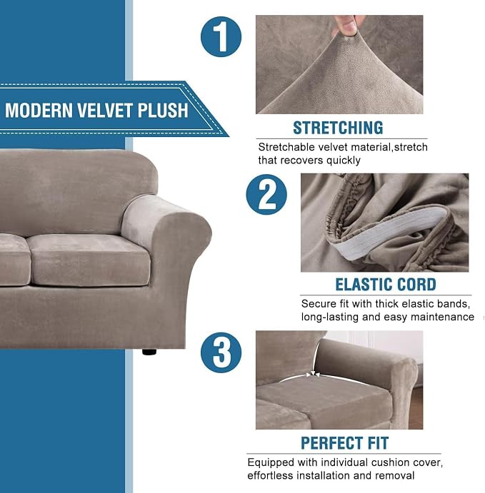 H.VERSAILTEX Velvet 4 Piece High Stretch Sofa Slipcover Cover Furniture - Image 3