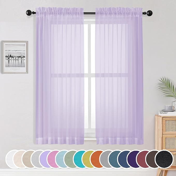 Light Purple Sheer Curtains 63 inch Length 2 Panels Set, Rod Pocket Light by OWENIE