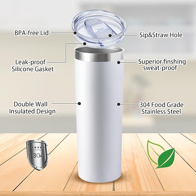 20 oz Skinny Tumbler with Lid and Straw,Stainless Steel Vacuum Insulated Tumbler Cup Double Wall Leak-proof Coffee Mug,Travel Thermal Water Tumbler for Home,Office,Outdoor(White,1)