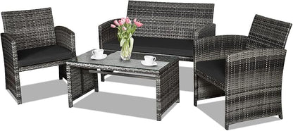Goplus 4-Piece Rattan Patio Furniture Set, Outdoor Wicker Conversation Sofa by Goplus