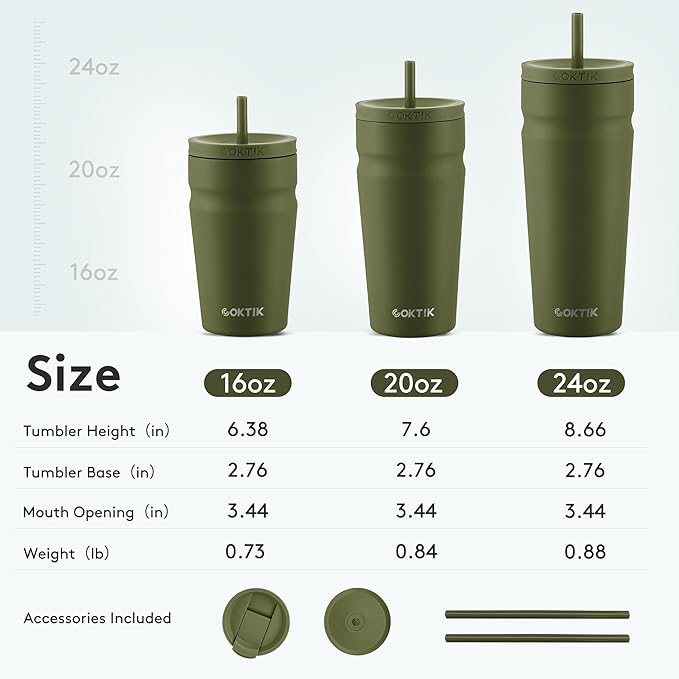 COKTIK 24oz Insulated Tumbler with Lid and Straw 2 Lids (Straw/Flip) Iced Coffee Cup Reusable Stainless Steel Travel Mug Water Bottle Cupholder Friendly for Women Men Her Him (Olive)
