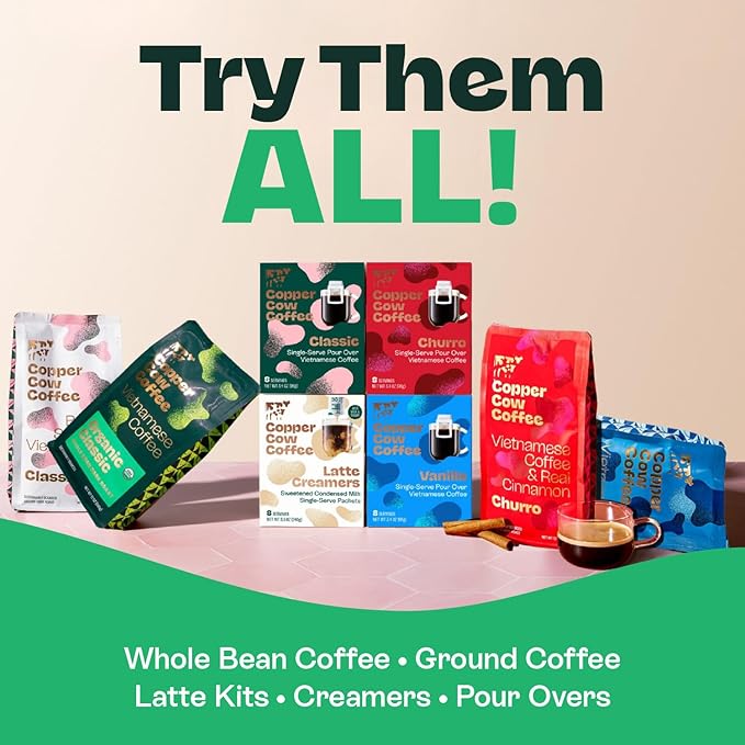 Copper Cow Coffee Pour Over Single-Serve Vietnamese Coffee Pouches (8 pack) | Decaf | Dark Roast | Convenient Vietnamese Ground Coffee Packets