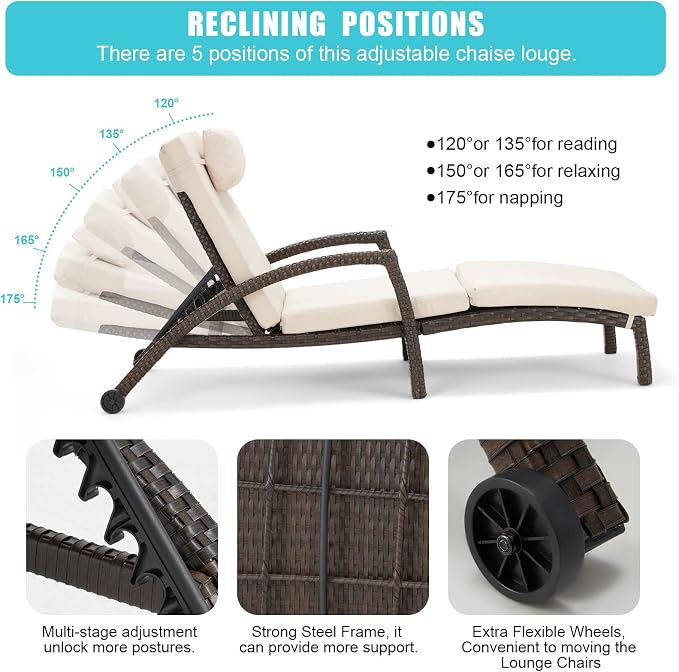 HOMREST Chaise Lounge Chairs Set of 4, PE Rattan Wicker Lounge Chair - Image 4