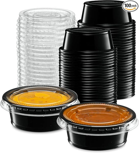 (1.5 oz - 100 Sets) Black Diposable Plastic Portion Cups With Lids, Small Mini Containers For Portion Controll, Jello Shots, Meal Prep, Sauce Cups, Slime, Condiments Disposable Souffle Cups