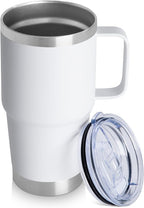 20oz Tumbler with Handle & Lid, Insulated Stainless Steel Travel Mug, Leakproof Cup for Coffee & Tea, BPA-Free Double-Wall Vacuum Tumblers for Hot/Cold Drinks, Commuter, Gym, Office, White 1 Pack