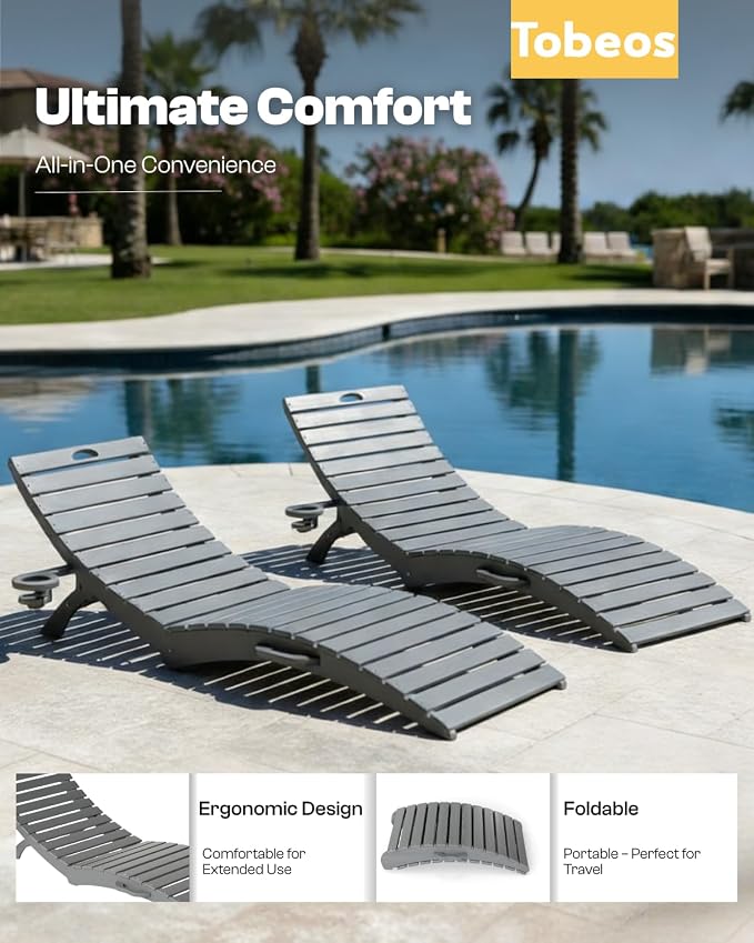 Folding HDPE Pool Lounge Chairs Set of 2, Pre-Assembled Outdoor Chaise Lounge - Image 4