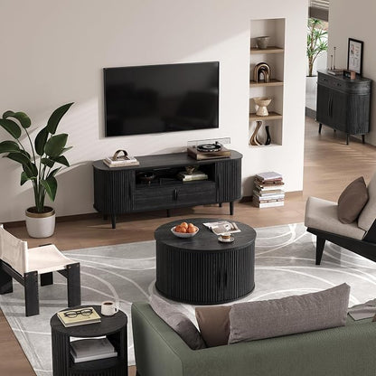 JOINICE 31.5" Black Round Lift Top Coffee Table, Modern Fluted Drum Center Table - Image 7
