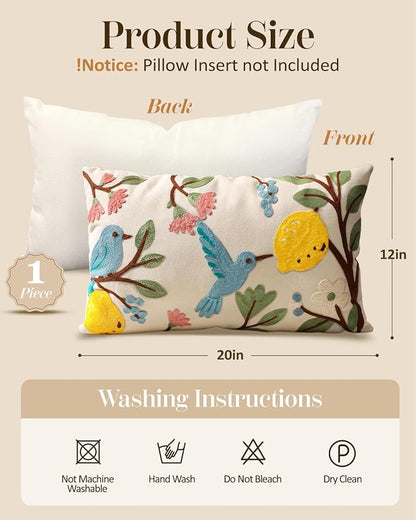 Embroidered Lumbar Pillow Cover 20x12 Inch, Bird Lemon | Decorative Throw - Image 4