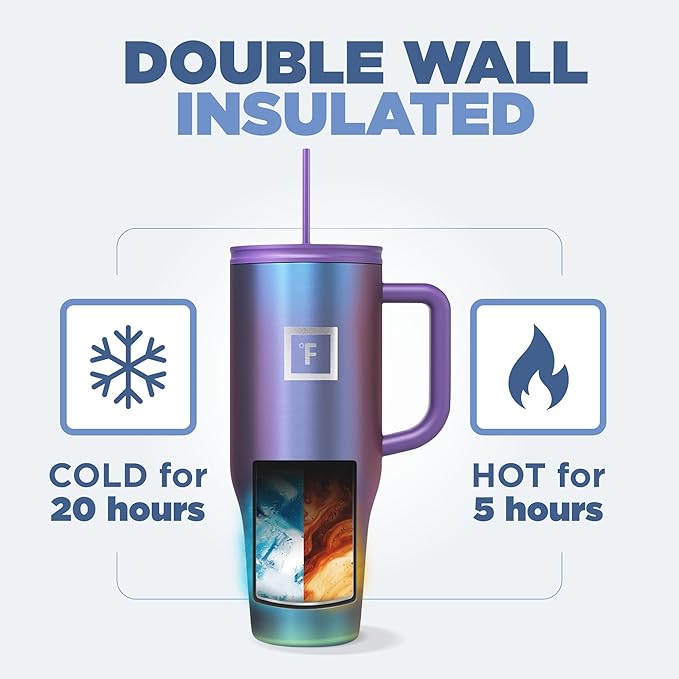 IRON °FLASK Co-Pilot Insulated Mug w/Straw & Flip Cap Lids - Cup Holder Bottle for Hot, Cold Drink - Leak-Proof- Water, Coffee Portable Travel Tumbler - Black Speckle, 40 Oz
