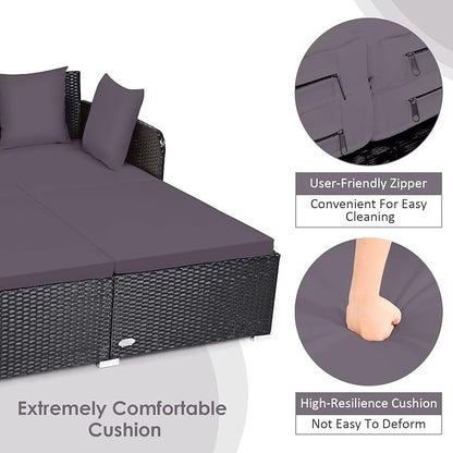 COSTWAY Outdoor Patio Rattan Daybed, Sponge Cushioned Loveseat Sofa - Image 8