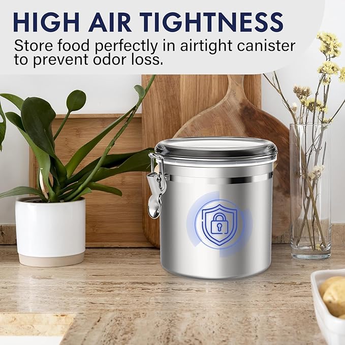 ENLOY 165oz Stainless Steel Airtight Canister for Kitchen, Large Flour Coffee Bean Tea Cereal Sugar Cookie Metal Food Storage Canisters with Clear Lid and Sturdy Locking Clamp