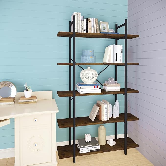 5 Tiers Bookshelf Organizer Industrial Shelf, Modern Open Display Storage - Image 7
