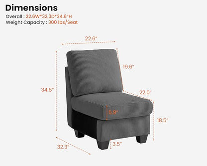 CHIC HOUSE Middle Module for Modular Couch, Corduroy Customizable Chaise - Image 2