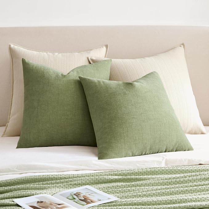 MIULEE Sage Green Chenille Couch Euro Throw Pillow Covers, 22x22 | Set of 2 - Image 4