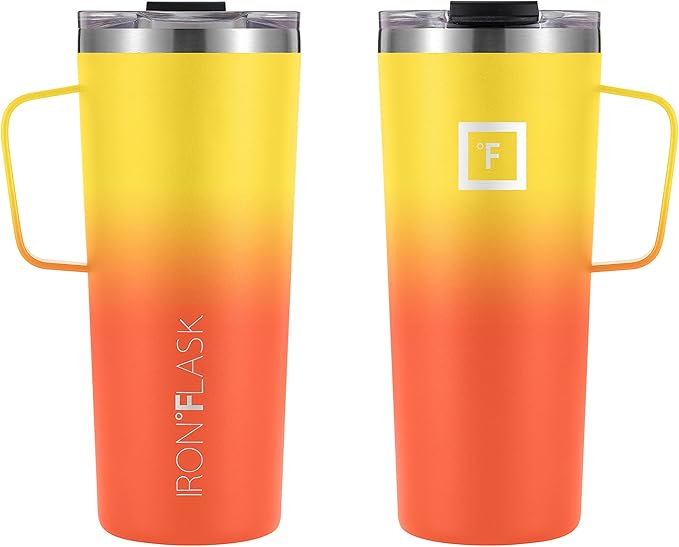 IRON °FLASK Grip Coffee Mug - Leak Proof, Vacuum Insulated Stainless Steel Bottle, Double Walled, Thermo Travel, Hot Cold, Water Metal Canteen - Fire, 24 Oz - Rubber Bottom