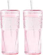 GOSCHE Glass Coffee Cups with Lids and Straws, 20oz Drinking Jar Glass Tumbler for Iced Coffee, Vintage Ripple Glassware Smoothie Cups, Pink, 2Pcs