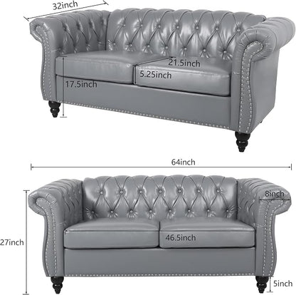 LEVNARY Leather Sofa, Chesterfield Tufted Upholstered 2 Seater Couch, Modern - Image 2