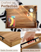 22 Inches Acacia Wood Serving Tray with Metal Handles, Large Wooden Rectangle Ottoman Tray, Decorative and Durable Design for Living Room Coffee Table Couch Kitchen
