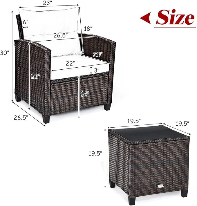 HAPPYGRILL 3 Pieces Patio Conversation Set, Outdoor Furniture Set PE Rattan - Image 8
