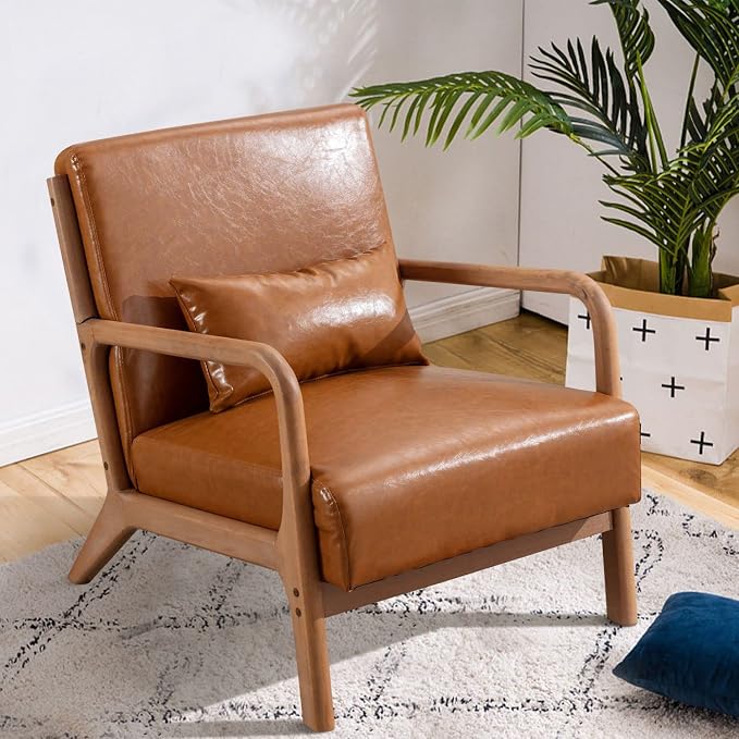 INZOY Mid-Century Modern Accent Chair Set of 2, PU Leather Reading Armchair - Image 7