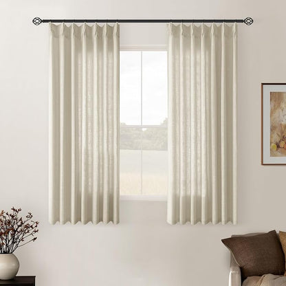 Linen Beige Pinch Pleated Semi Sheer Short Curtains 45 Inch Length 2 Panels | by Twodrapes