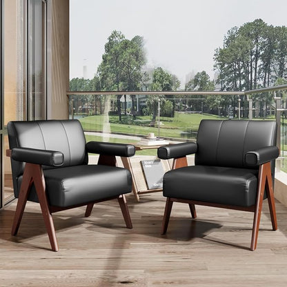 STHOUYN Black Leather Accent Chairs Set of 2, Mid Century Modern Accent Chair - Image 9