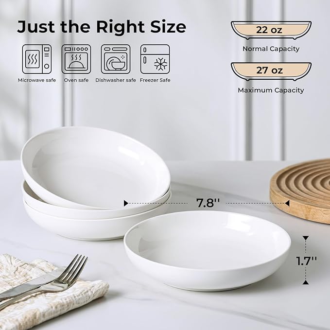 YHY Pasta Bowls Set of 4, 22 oz Ceramic Salad Plates, 7.8 Inch Wide Shallow Porcelain Dishes for Dinner, Microwave & Dishwasher Safe, White