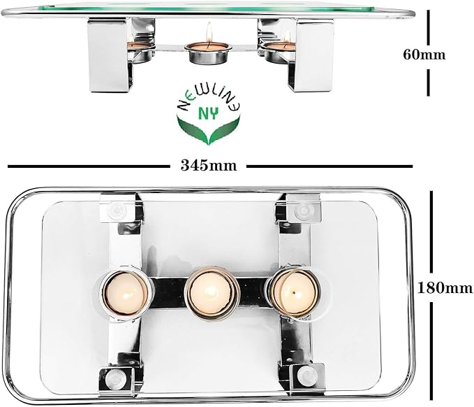NewlineNY Chrome Plated Glass Dish Warmer, Rectangular Glass-Top 3 Holes Tea Light Votive Candle Gourmet Food Warmer