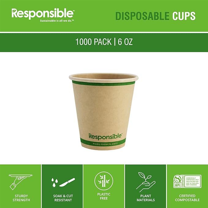 6 oz Paper Hot Cups, Tree-Less™ Compostable Paper Coffee Cups, Extra Strength, Tree-Free and Made Without PFAS, Natural Brown (1000 Count)