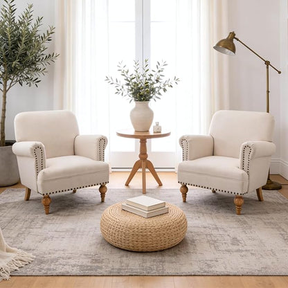 Beige Linen Fabric Accent Chairs Set of 2, Modern Farmhouse Upholstered - Image 2