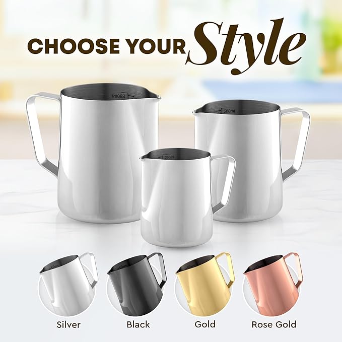 Zulay Milk Frothing Pitcher with Latte Art Pen – 12oz 20oz 32oz - Stainless Steel Frother Cup with Measurement Markings, Espresso & Coffee Accessories Creamer Jug with Laser-Welded Handle - 20 oz