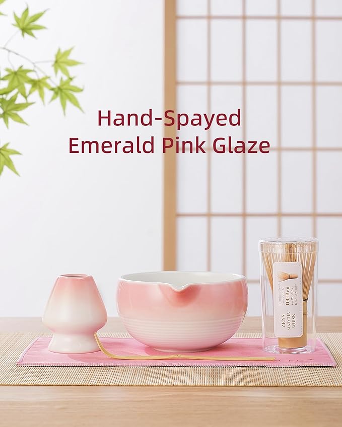 ZENS Pink Matcha Set, Matcha Whisk Set with 15oz Ceramic Bowl & (Chasen Holder), 6pcs Matcha Kit with Bamboo Scoop and Sifter, Tea Towel for Matcha Lovers