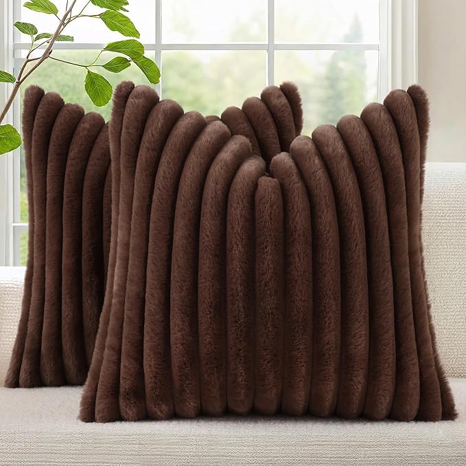 decorUhome Fall Faux Fur Throw Pillow Covers 22x22 Set of 2 Dark Brown | by decorUhome