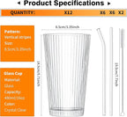KEMORELA 12-Piece Vintage Ribbed Glassware Set, Old Fashioned Glasses, 16oz Clear Drinking Glasses with Straws, Ideal for Party and Casual Drinking - Classic Design for Any Occasion
