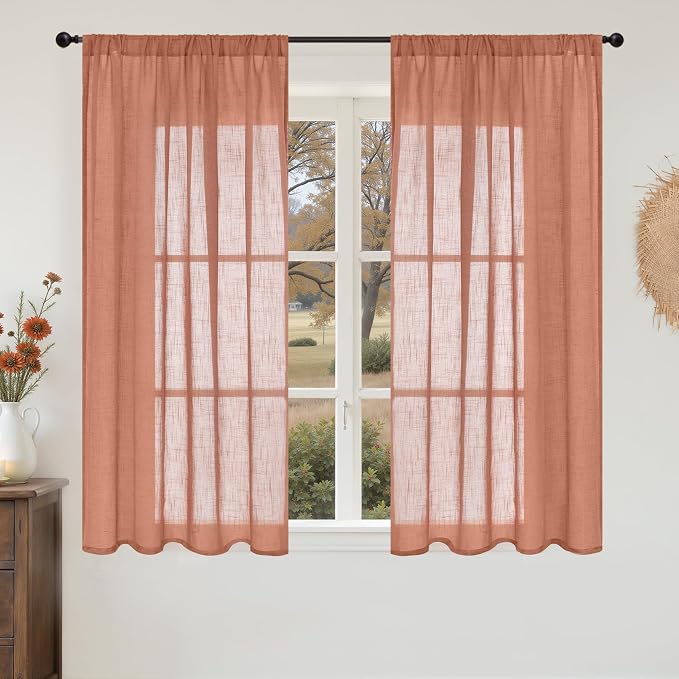 BGment Rust Terracotta Linen Curtains 45 Inch Length, Burnt Orange Semi Sheer by BGment