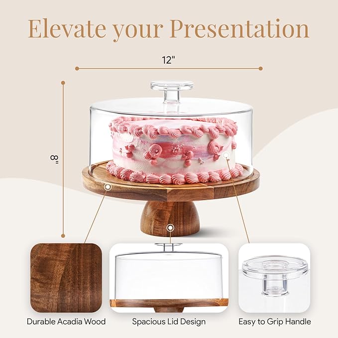 Acacia Wood Cake Stand with Lid - Multifunctional 12 In Round Cake Holder, Dessert Table Display Set & Charcuterie Board for Cheese, Chips, Fruit Platter, Acrylic Cake Dome Cover, No Glass