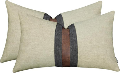 Set of 2 Leather Throw Pillow Covers Lumbar Cotton Linen Decor Patchwork Pillow by BOYSUM
