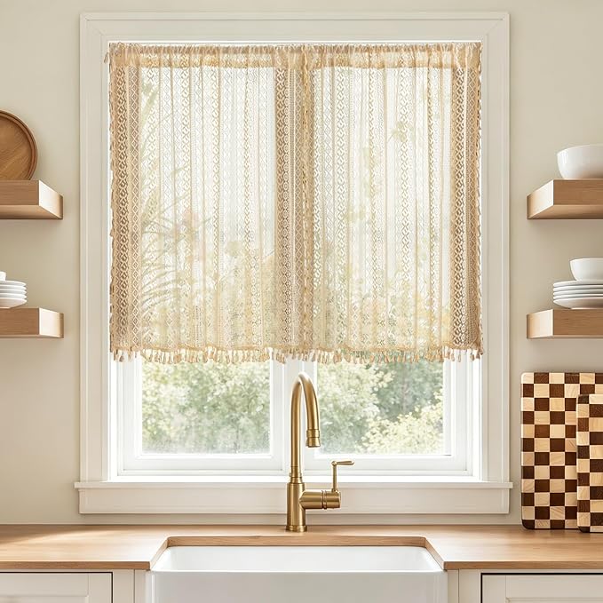 Sutuo Home Beige Lace Boho Curtains 45 Inches 2 Panels, Semi Sheer Small Window by SutuoHome