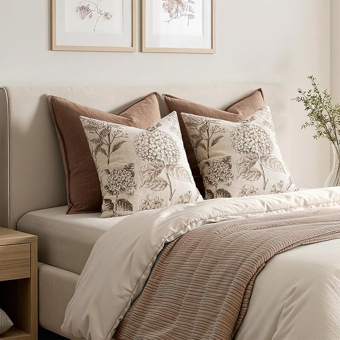 Set of 2 Decorative Floral Pillow Covers 20x20 Inch Light Brown | Neutral - Image 6