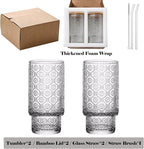 2 Pack of Glass Cups, 12 OZ Clear Glass Tumbler with Lid & Straw, Glass Iced Coffee Cup with Lids, Drinking Glasses Cups for Coffee, Juice, Tea, Cocktail