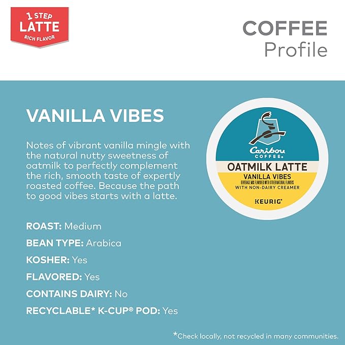 Caribou Coffee Vanilla Vibes Oatmilk Latte, One Step Latte Single Serve Keurig K-Cup Pods, 60 Count (6 Packs of 10)