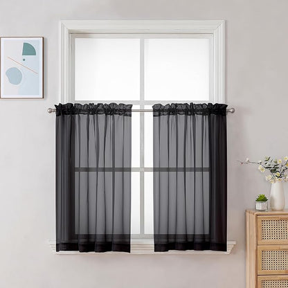 Chyhomenyc Black Sheer Tier Curtains 24 Inch Length, Small Window Curtains by Chyhomenyc