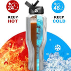 HYDROWION Water Bottle Stainless Steel,Vacuum Insulated Leak Proof Tumbler 32oz with Straw Lid, Spout Lid and Flex Cap(Cold for 48 Hrs, Hot for 24 Hrs), Fit in Any Car Cup Holder, Marbling